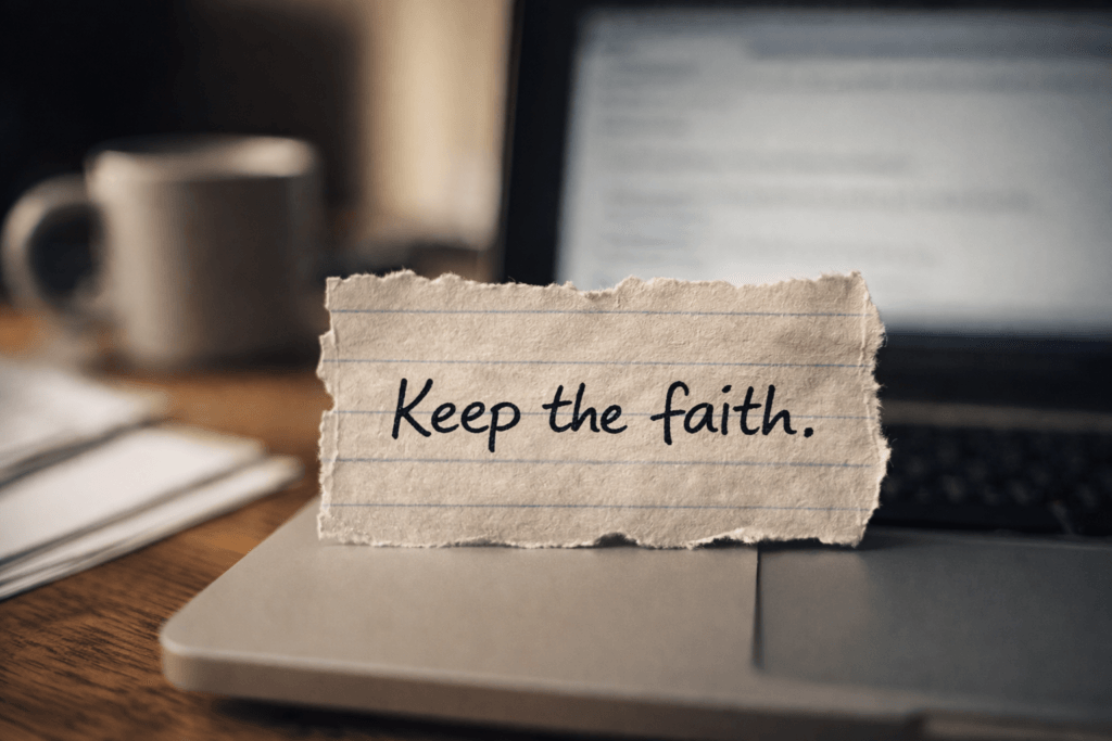 Notiz mit den Worten Keep the faith auf einem Schreibtisch